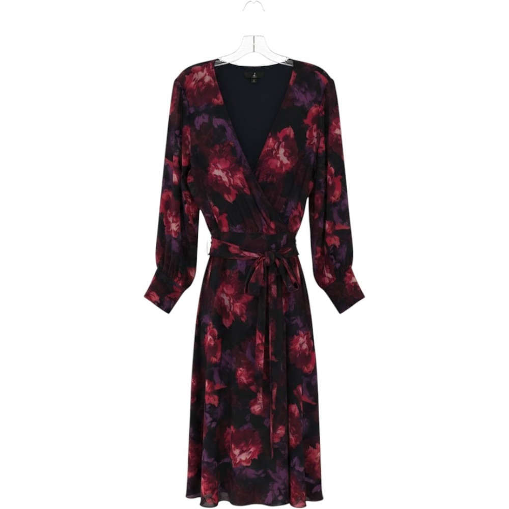 Jason Wu Floral Dress Womens 2X Black Red Excellent Long Sleeve Chiffon Midi